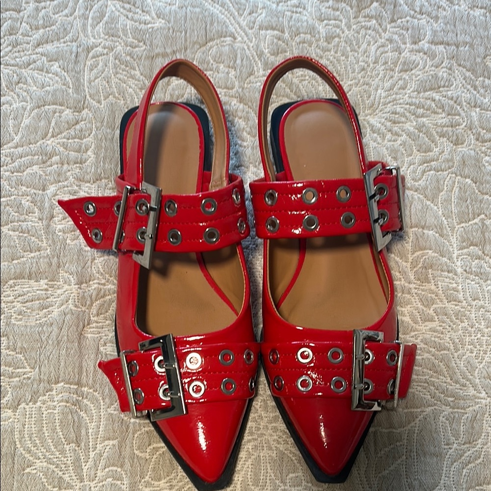 Red Patent Leather Buckle Slingback Flats